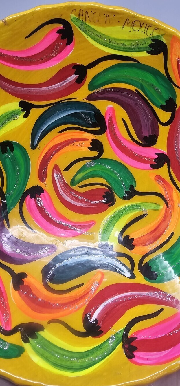 Mexican Folk Art Pottery Footed Bowl Hand Painted Dish Chili Pepper Motif Bright - Picture 8 of 10
